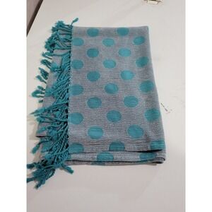 Calzeat of Scotland Chenille Throw Blanket Blue Teal Polka Dot Fringe 55"x43.5"
